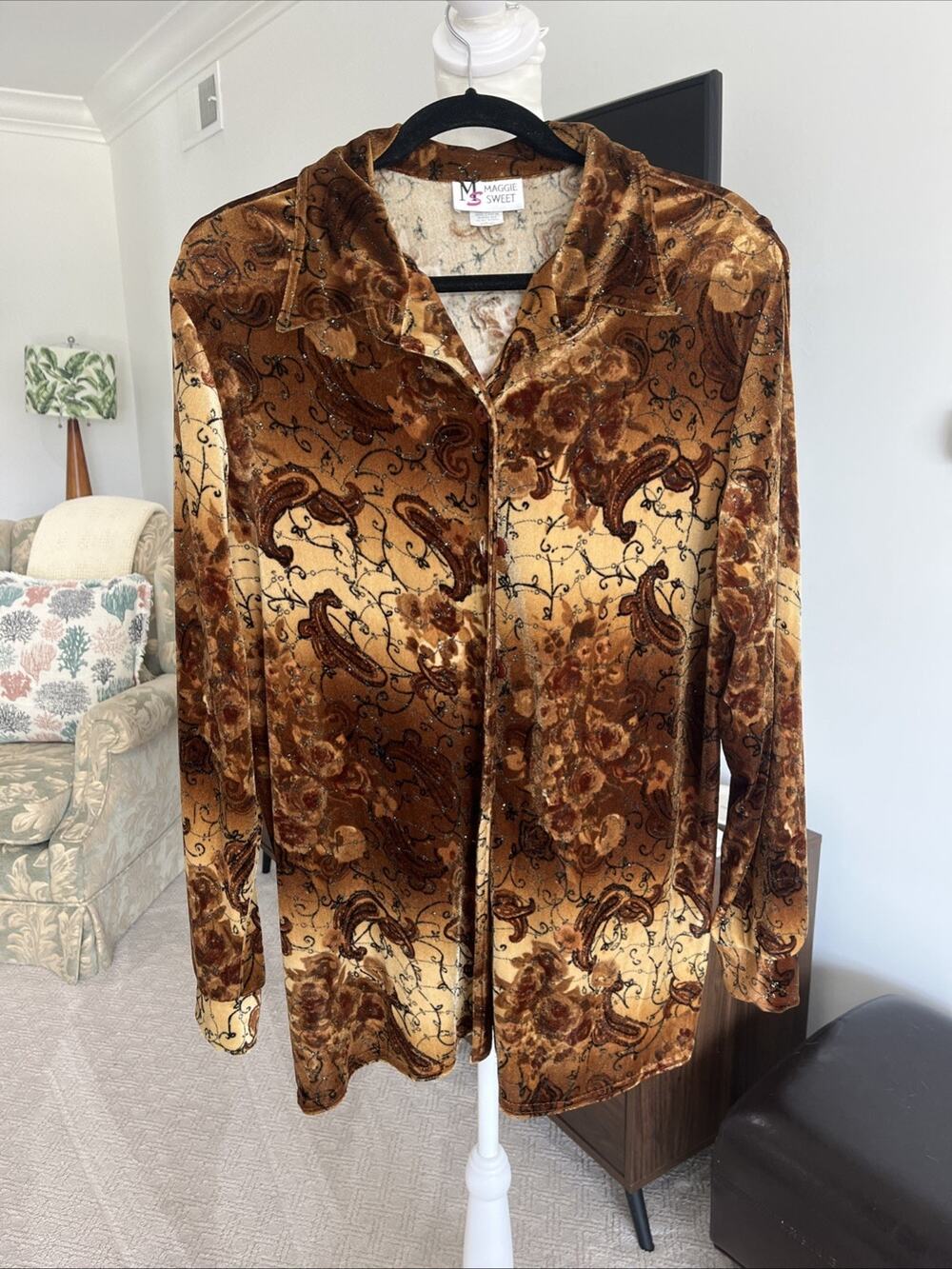 Maggie Sweet Long Velvet Brown Blouse Jacket Button Front Shimmer Floral Tunic